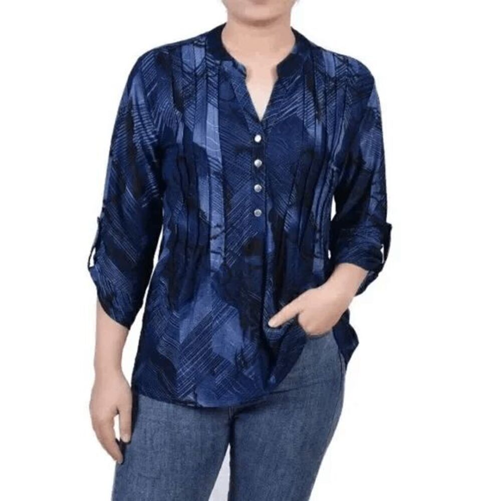 NY Collection Women's Petite 3/4 Sleeve Roll Tab Pullover Top PL